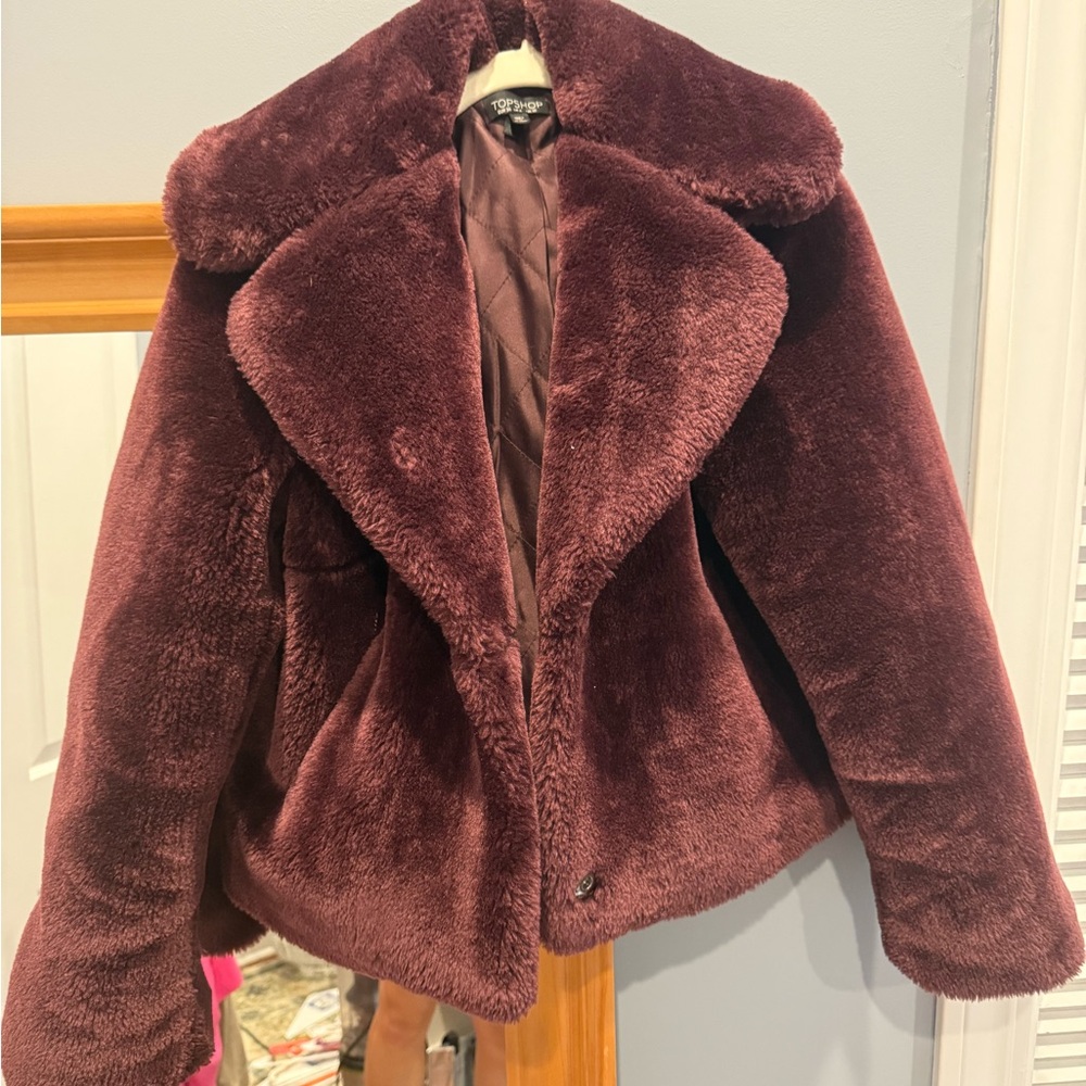 Topshop Plush Teddy Jacket in Deep Burgundy